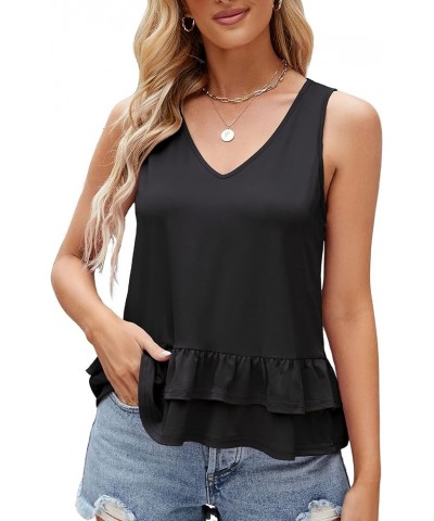 Women's Cusual Ruffle Peplum Tank Top V Neck Sleeveless T Shirts Black $7.64 Tanks