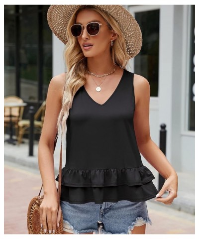 Women's Cusual Ruffle Peplum Tank Top V Neck Sleeveless T Shirts Black $7.64 Tanks