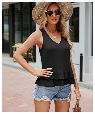 Women's Cusual Ruffle Peplum Tank Top V Neck Sleeveless T Shirts Black $7.64 Tanks