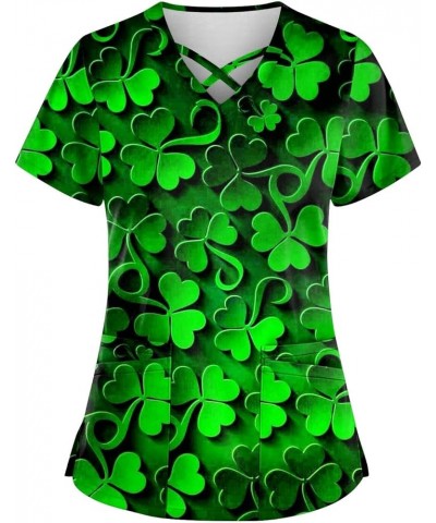 St Patricks Tops 2024 Blouse Womens Plus Size Short Sleeve Fashion Cross V Neck Shirt Double Pockets Tshirts 3-fluorescent Gr...