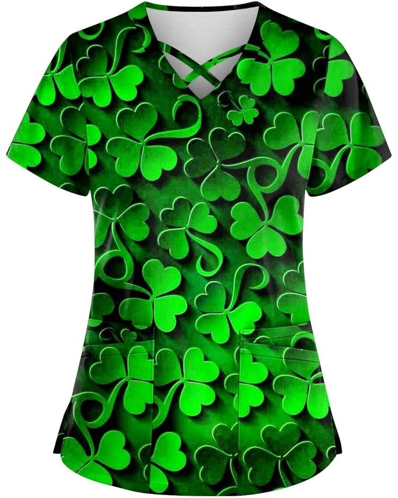 St Patricks Tops 2024 Blouse Womens Plus Size Short Sleeve Fashion Cross V Neck Shirt Double Pockets Tshirts 3-fluorescent Gr...