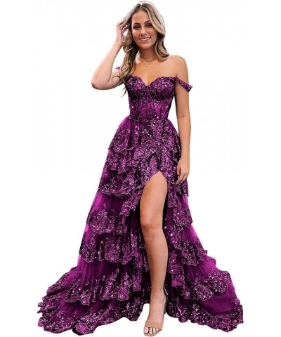 Lace Tulle Prom Dress Sparkly Long Layered Off Shoulder Ball Gowns with Slit Plum $55.80 Dresses