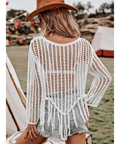 Women's Crochet Swimsuit Cover Up Long Sleeve Knitted Fringe Swim Beach Cover Up Swimwear White Fringe $18.55 Swimsuits