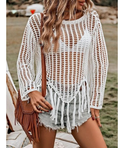 Women's Crochet Swimsuit Cover Up Long Sleeve Knitted Fringe Swim Beach Cover Up Swimwear White Fringe $18.55 Swimsuits