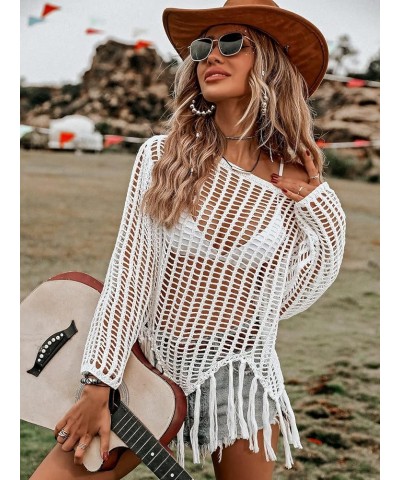 Women's Crochet Swimsuit Cover Up Long Sleeve Knitted Fringe Swim Beach Cover Up Swimwear White Fringe $18.55 Swimsuits