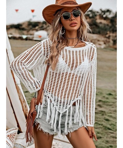 Women's Crochet Swimsuit Cover Up Long Sleeve Knitted Fringe Swim Beach Cover Up Swimwear White Fringe $18.55 Swimsuits