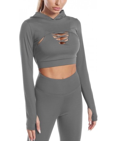 Women Long Sleeve Workout Crop Tops Seamless Yoga Shirts Cutout Shrug Top B Grey $12.04 Activewear