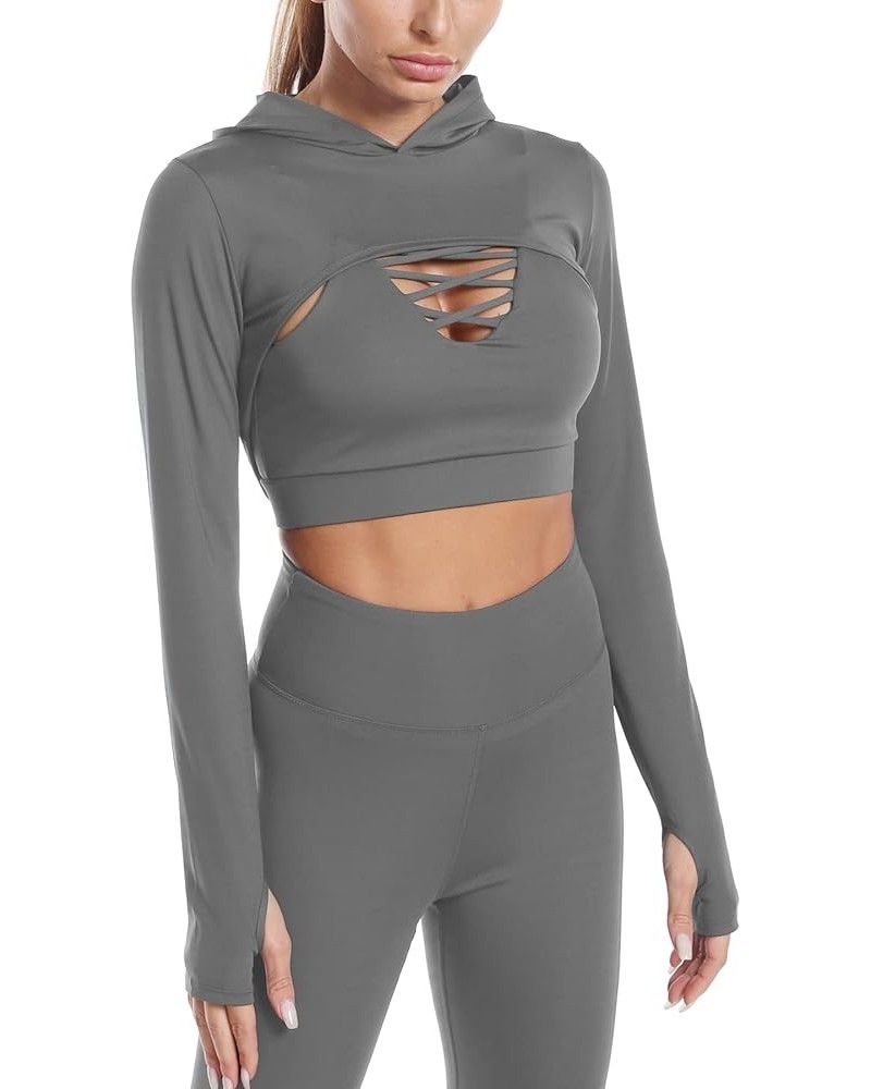 Women Long Sleeve Workout Crop Tops Seamless Yoga Shirts Cutout Shrug Top B Grey $12.04 Activewear