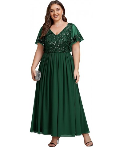 Women's Plus Size Double V-Neck Ruffles Sleeves Sequin Appliques Maxi Chiffon Formal Dresses 01583-DA Dark Green $36.55 Dresses