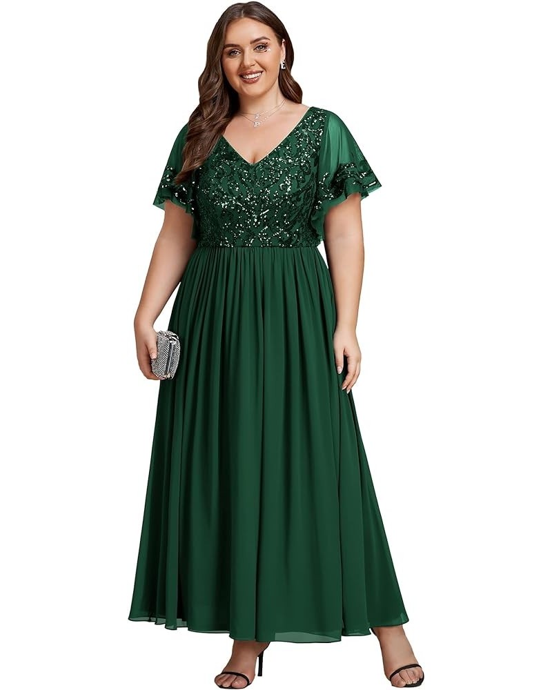 Women's Plus Size Double V-Neck Ruffles Sleeves Sequin Appliques Maxi Chiffon Formal Dresses 01583-DA Dark Green $36.55 Dresses