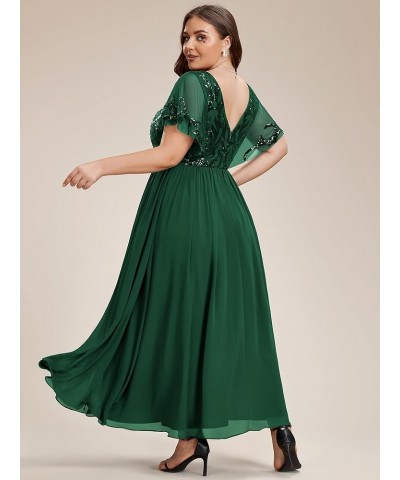 Women's Plus Size Double V-Neck Ruffles Sleeves Sequin Appliques Maxi Chiffon Formal Dresses 01583-DA Dark Green $36.55 Dresses