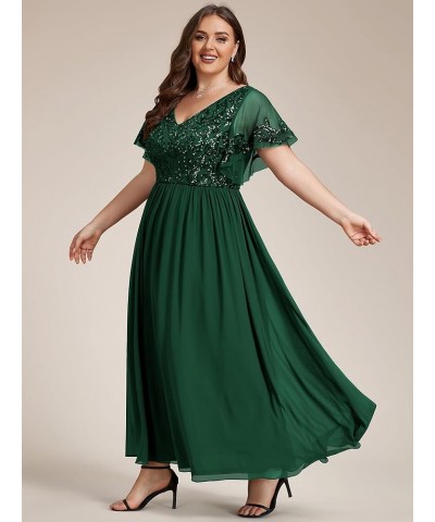 Women's Plus Size Double V-Neck Ruffles Sleeves Sequin Appliques Maxi Chiffon Formal Dresses 01583-DA Dark Green $36.55 Dresses