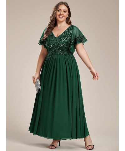 Women's Plus Size Double V-Neck Ruffles Sleeves Sequin Appliques Maxi Chiffon Formal Dresses 01583-DA Dark Green $36.55 Dresses