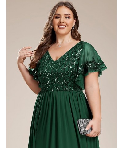 Women's Plus Size Double V-Neck Ruffles Sleeves Sequin Appliques Maxi Chiffon Formal Dresses 01583-DA Dark Green $36.55 Dresses