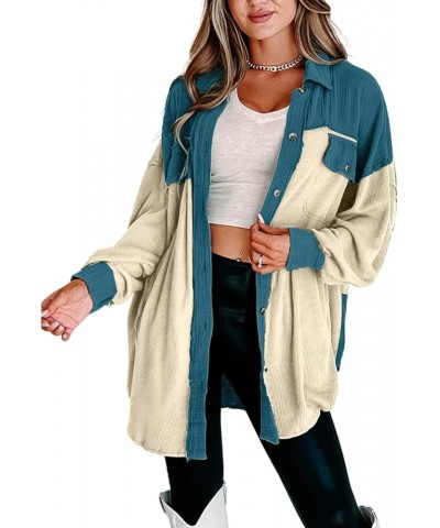 Womens Shacket Jacket Waffle Knit Oversized Corduroy Button Down Shirts Peacock Blue $11.25 Blouses