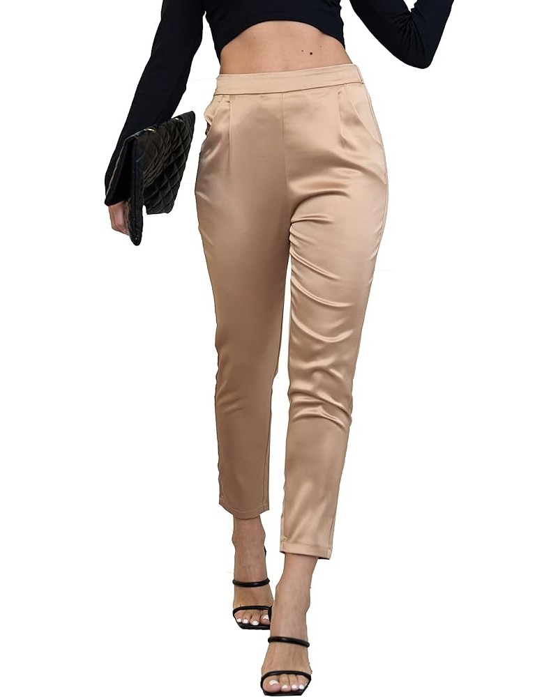 Women's Satin Pants Dress Casual Pleated Pull on High Waist Pants with Pockets Drape Coffee $16.80 Pants