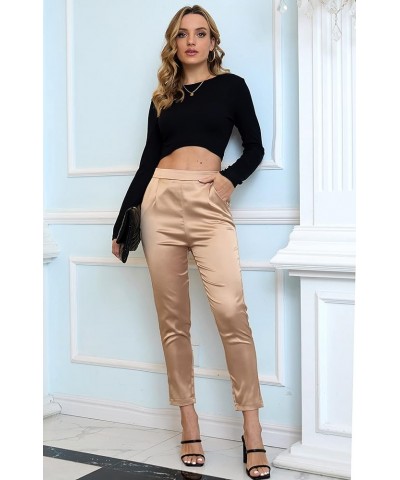 Women's Satin Pants Dress Casual Pleated Pull on High Waist Pants with Pockets Drape Coffee $16.80 Pants