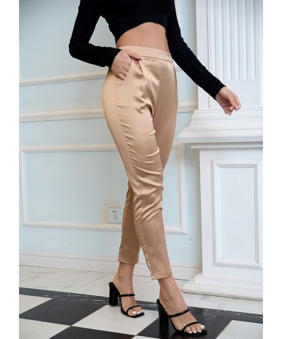 Women's Satin Pants Dress Casual Pleated Pull on High Waist Pants with Pockets Drape Coffee $16.80 Pants