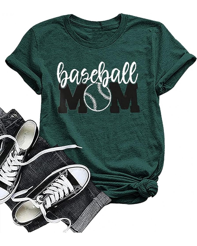 Baseball Mom Shirt Womens Mom Shirt Short Sleeve O-Neck Letter Print Casual Tops Tees Dark Green $11.25 T-Shirts