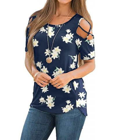 Womens Summer T Shirts Short Sleeve Tunic Strappy Cold Shoulder Tops E:lily Blue $10.00 Tops