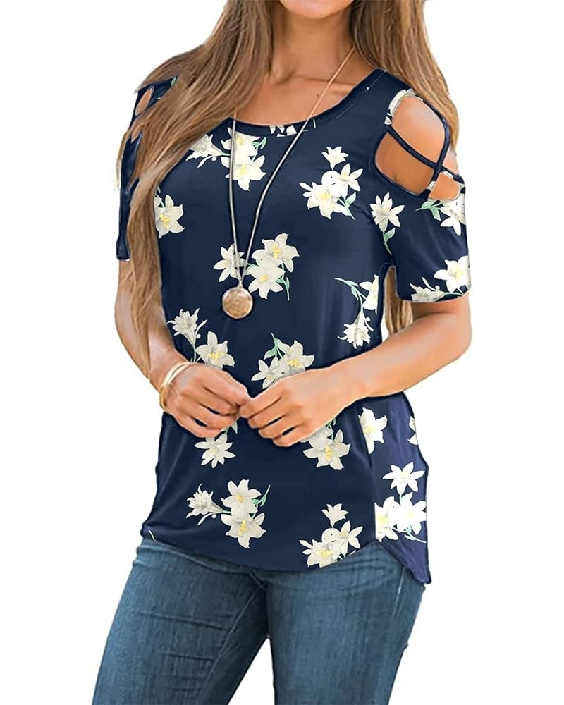 Womens Summer T Shirts Short Sleeve Tunic Strappy Cold Shoulder Tops E:lily Blue $10.00 Tops