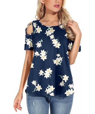 Womens Summer T Shirts Short Sleeve Tunic Strappy Cold Shoulder Tops E:lily Blue $10.00 Tops