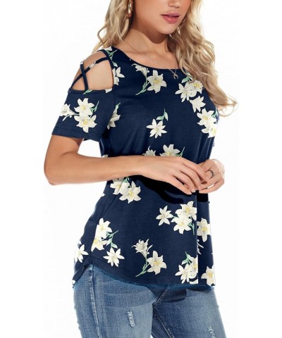 Womens Summer T Shirts Short Sleeve Tunic Strappy Cold Shoulder Tops E:lily Blue $10.00 Tops