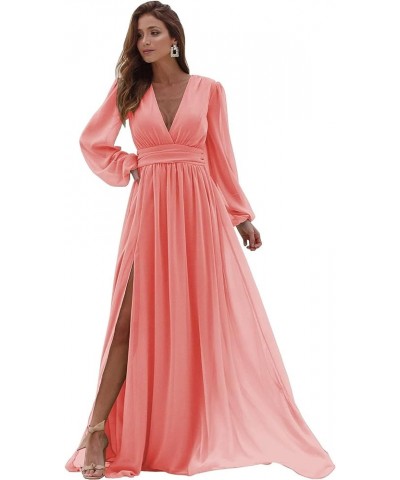 Women's V Neck Bridesmaid Dresses with Long Sleeves Chiffon A Line Formal Dress with Slit 2024 NO093 Coral $31.89 Dresses