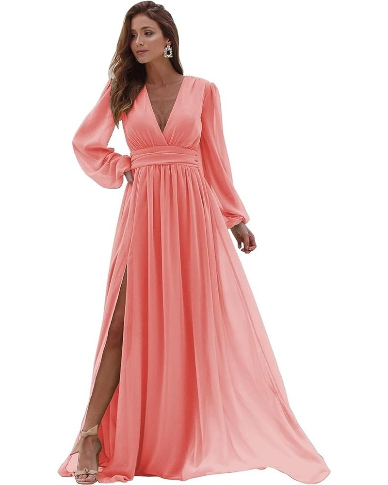 Women's V Neck Bridesmaid Dresses with Long Sleeves Chiffon A Line Formal Dress with Slit 2024 NO093 Coral $31.89 Dresses