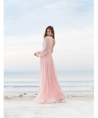 Women's V Neck Bridesmaid Dresses with Long Sleeves Chiffon A Line Formal Dress with Slit 2024 NO093 Coral $31.89 Dresses