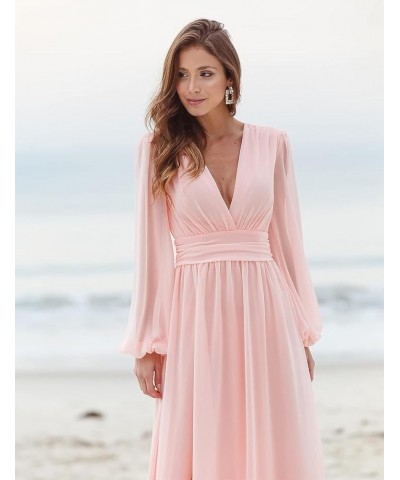 Women's V Neck Bridesmaid Dresses with Long Sleeves Chiffon A Line Formal Dress with Slit 2024 NO093 Coral $31.89 Dresses