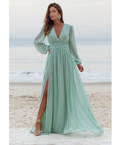 Women's V Neck Bridesmaid Dresses with Long Sleeves Chiffon A Line Formal Dress with Slit 2024 NO093 Coral $31.89 Dresses