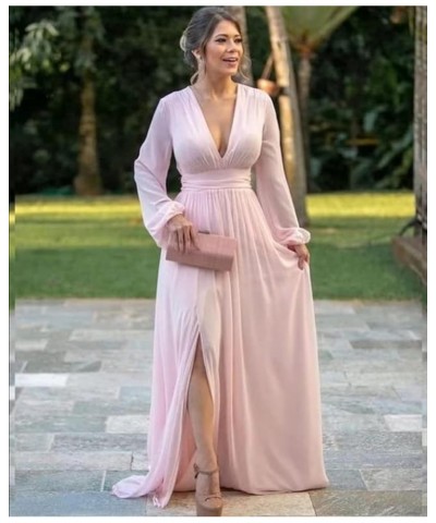 Women's V Neck Bridesmaid Dresses with Long Sleeves Chiffon A Line Formal Dress with Slit 2024 NO093 Coral $31.89 Dresses