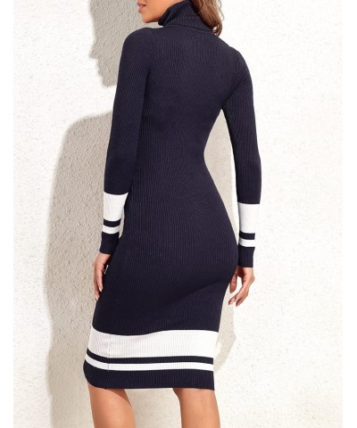 Women's Turtleneck Sweater Dress Long Sleeve Ribbed Knit Stretch Midi Bodycon Dresses Navy With White $25.73 Dresses