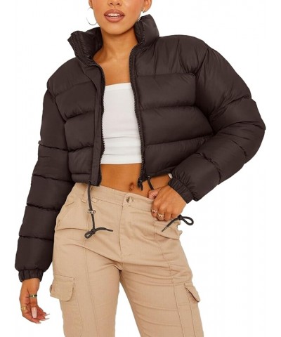 Women's Cropped Puffer Jacket Full Zip Stand Collar Quilted Jacket Winter Coats with Pockets Brown $16.44 Jackets