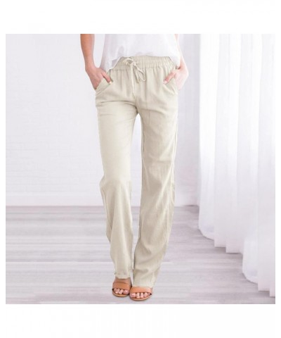 2023 Linen Pants Women Summer Straight Leg Elastic Casual Loose Trousers Drawstring Comfortable Pant with Pockets A-beige $3....