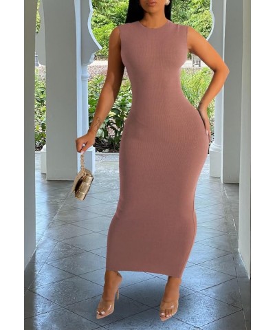 Women's Basic Ribbed Bodycon Dress Round Neck Tank Sleeveless Pencil Long Dresses B-dusty Pink $11.07 Dresses