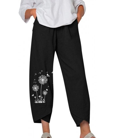 Womens Linen Pants Casual Dandelion Print Elastic Waist Sweatpants Capris Boho Wide Leg Palazzo Cropped Trousers with Pocket ...