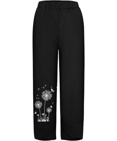 Womens Linen Pants Casual Dandelion Print Elastic Waist Sweatpants Capris Boho Wide Leg Palazzo Cropped Trousers with Pocket ...