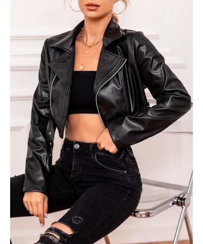 Women's PU Leather Zipper Buckle Belted Long Sleeve Motorcycle Crop Jacket Black $28.07 Coats