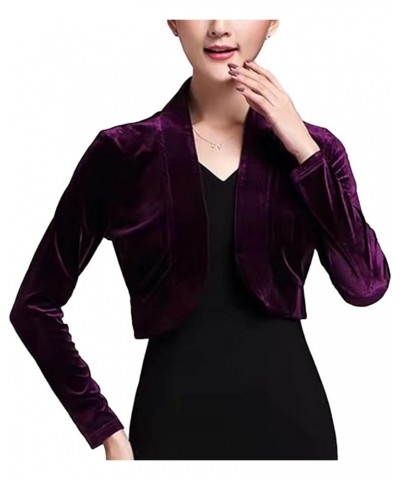 Women's Long Sleeve Velvet Shrug for Dress Open Front Cropped Bolero Cardigan Purple $16.51 Sweaters