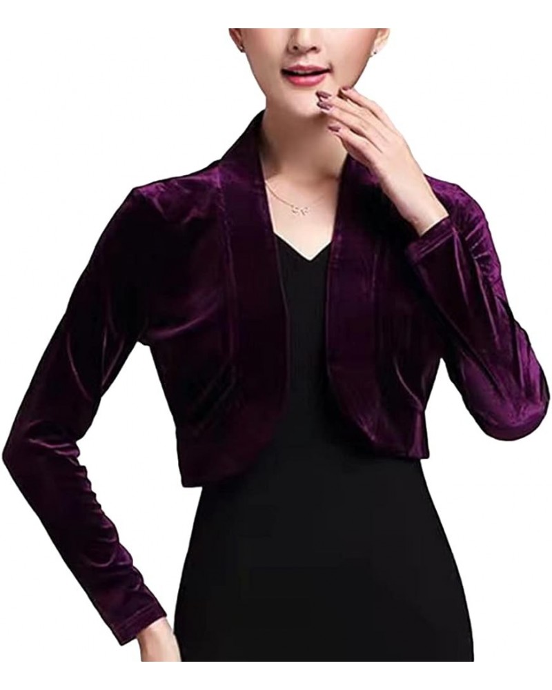 Women's Long Sleeve Velvet Shrug for Dress Open Front Cropped Bolero Cardigan Purple $16.51 Sweaters