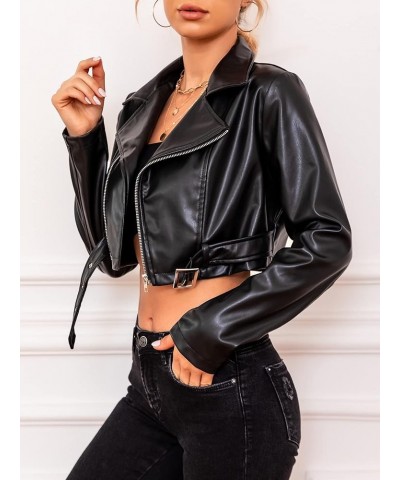 Women's PU Leather Zipper Buckle Belted Long Sleeve Motorcycle Crop Jacket Black $28.07 Coats