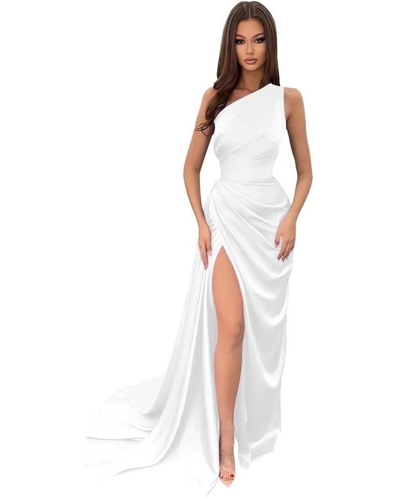 One Shoulder Bridesmaid Dresses for Wedding Satin Ball Gowns for Women Mermaid Formal Prom Evening Gowns with Slit White $40....