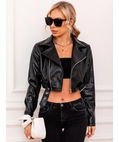 Women's PU Leather Zipper Buckle Belted Long Sleeve Motorcycle Crop Jacket Black $28.07 Coats