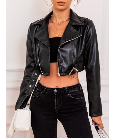 Women's PU Leather Zipper Buckle Belted Long Sleeve Motorcycle Crop Jacket Black $28.07 Coats