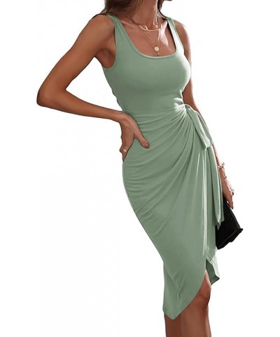 Women's Wrap Tie Side Bodycon Midi Dress Scoop Neck Sleeveless Ruched Asymmetrical Tank Dresses Light Green $14.40 Dresses