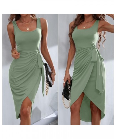 Women's Wrap Tie Side Bodycon Midi Dress Scoop Neck Sleeveless Ruched Asymmetrical Tank Dresses Light Green $14.40 Dresses