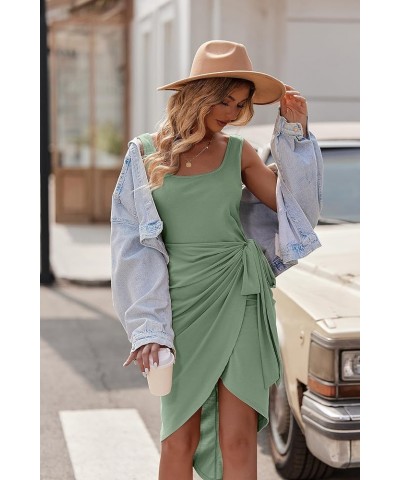 Women's Wrap Tie Side Bodycon Midi Dress Scoop Neck Sleeveless Ruched Asymmetrical Tank Dresses Light Green $14.40 Dresses