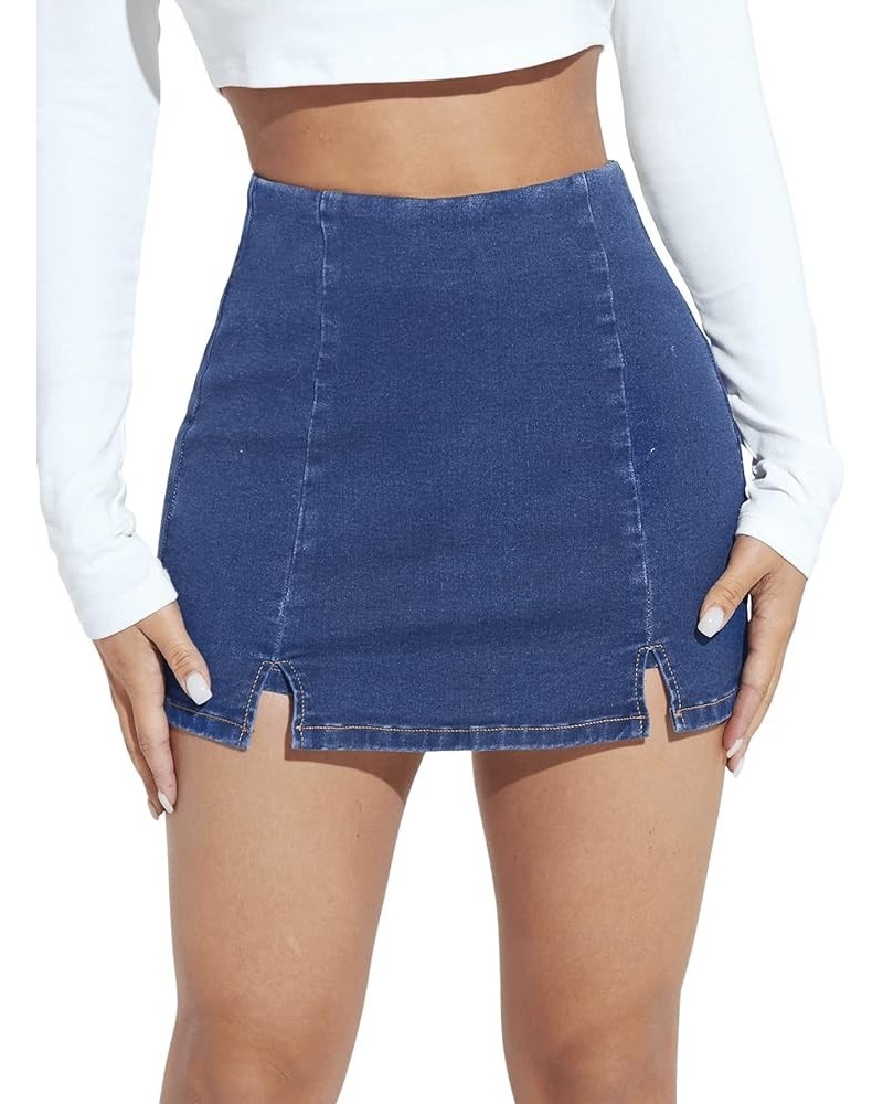 Women's Casual High Waist Split Hem Skorts Zipper Up Skinny Denim Shorts Dark Blue $14.70 Shorts